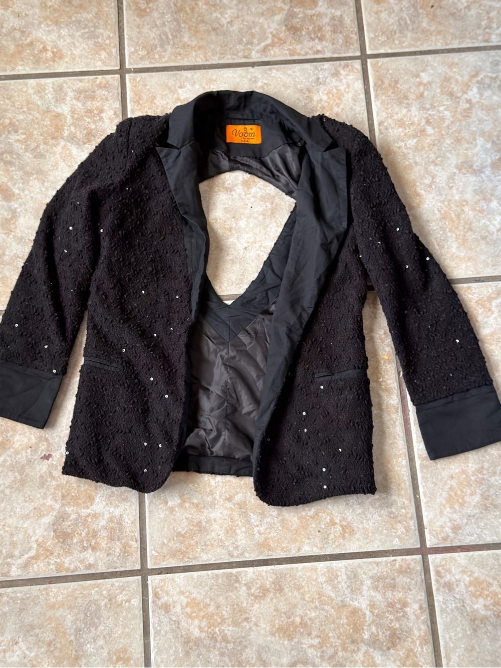 Voom by Joy Han Black Sequin Open Back Blazer Cutout Cuffed Size S Y2K